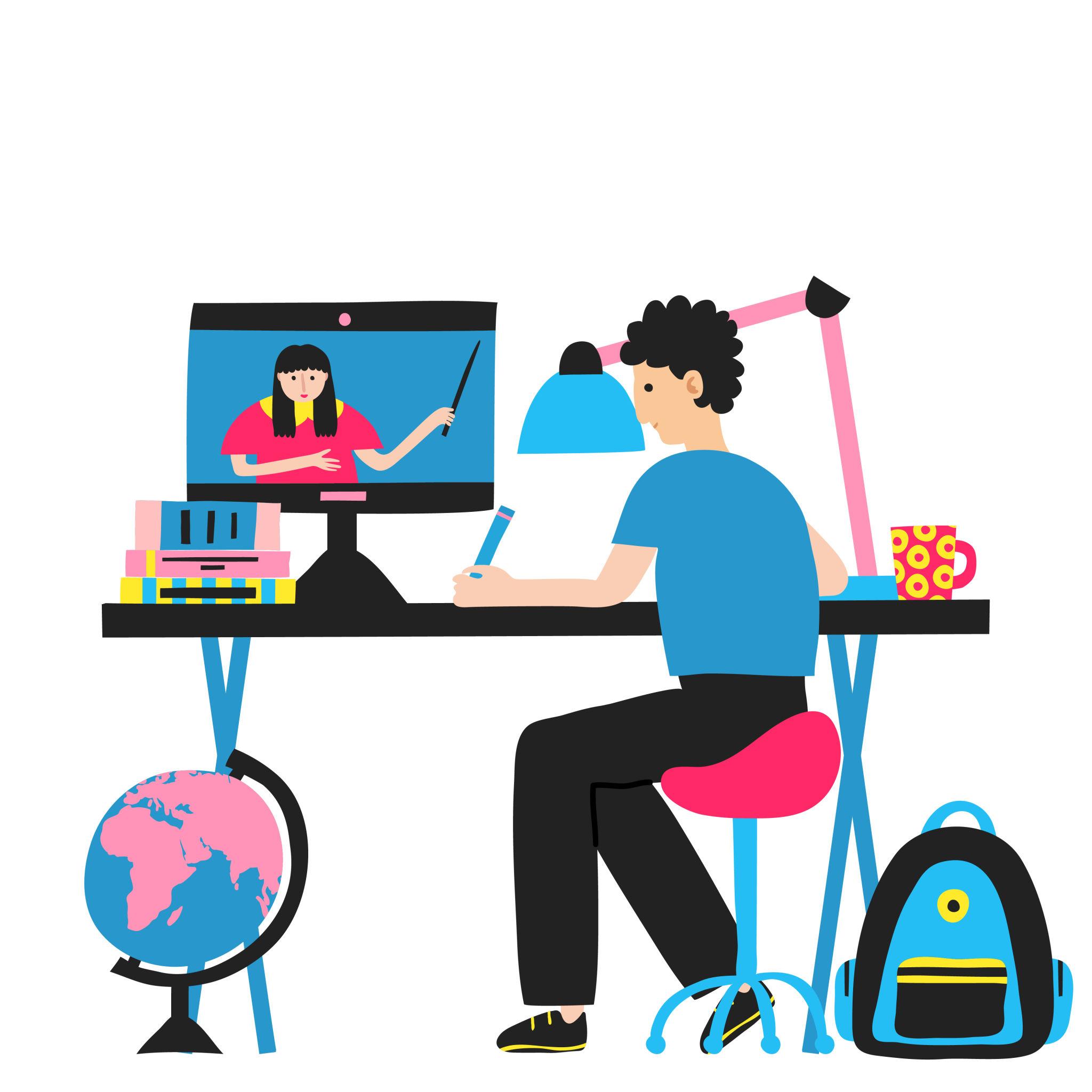 Student learning online with globe and books